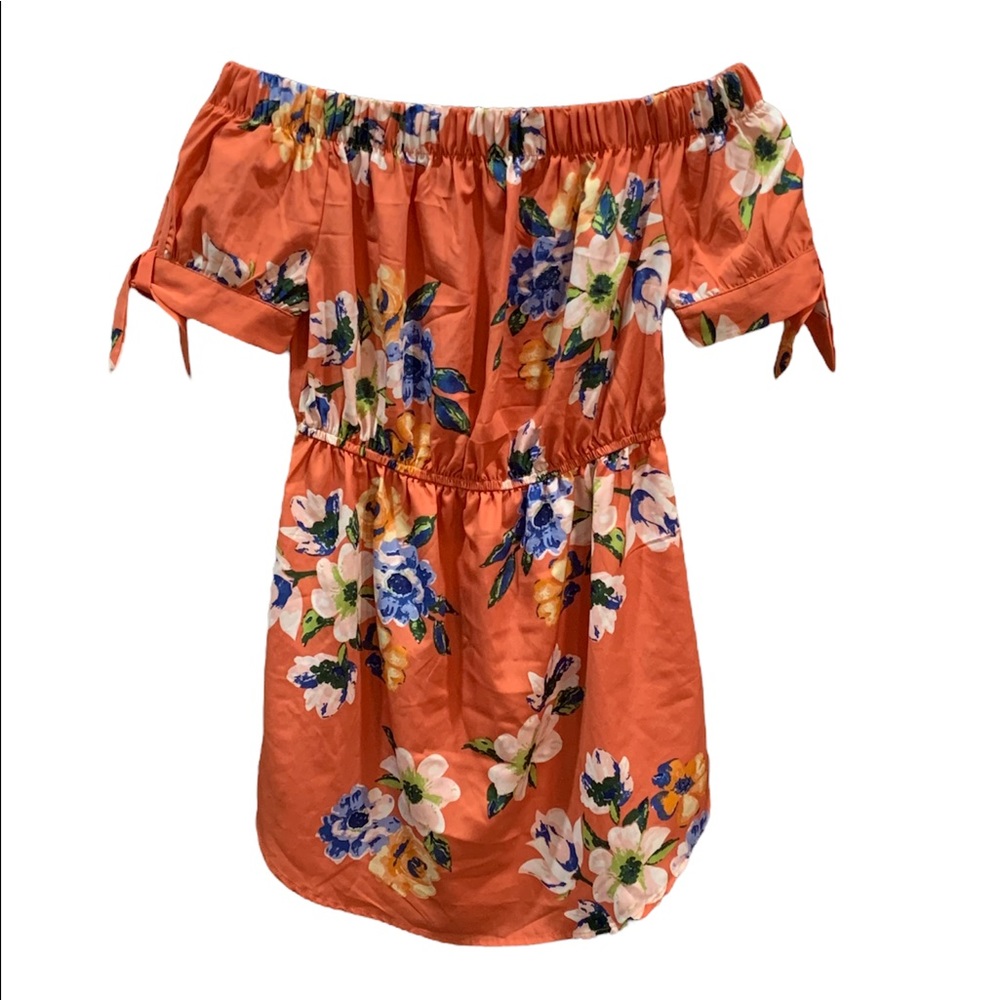Indulge Floral Off The Shoulder Dress Orange Blue Summer Casual Size S NWOT